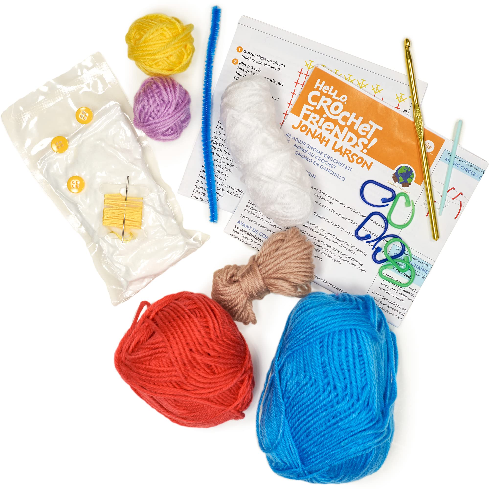 Boye Jonah's Hands Gnome Beginners Crochet Kit for Kids and Adults, Multicolor 12 Piece, Small