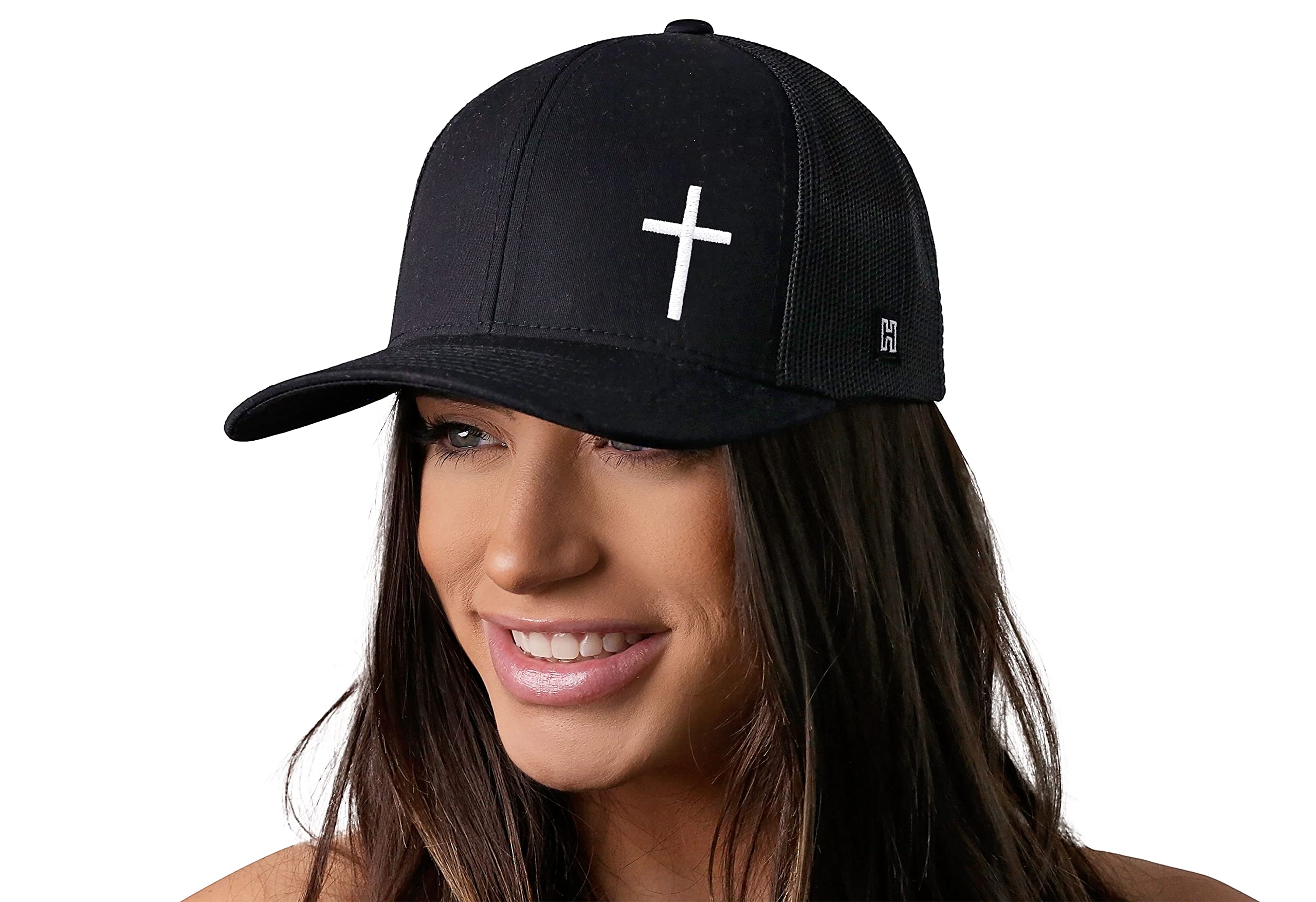 HAKA Embroidered Cross Trucker Hat for Men & Women, Black Baseball Cap, Mesh Snapback, Christian Jesus Cross Hat (Black)