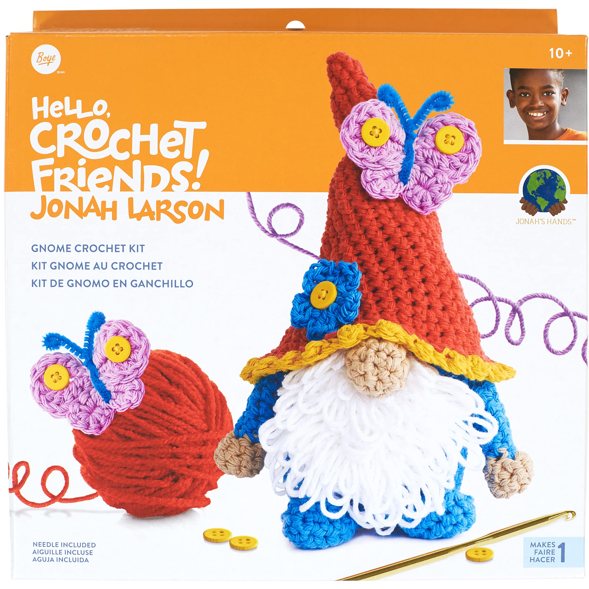 Boye Jonah's Hands Gnome Beginners Crochet Kit for Kids and Adults, Multicolor 12 Piece, Small