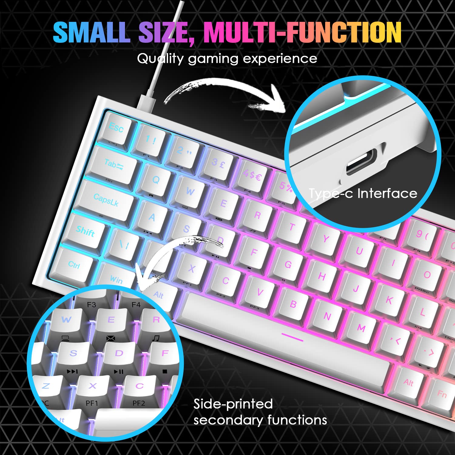 LexonElec 60% Mechanical Gaming Keyboard, RGB Chroma Backlit Ultra Compact Mini Mechanical Keyboard, Red Switches 68-Key Full Key Anti-Ghosting, for PC, MAC, PS4 Gamers and Office Typists (White)