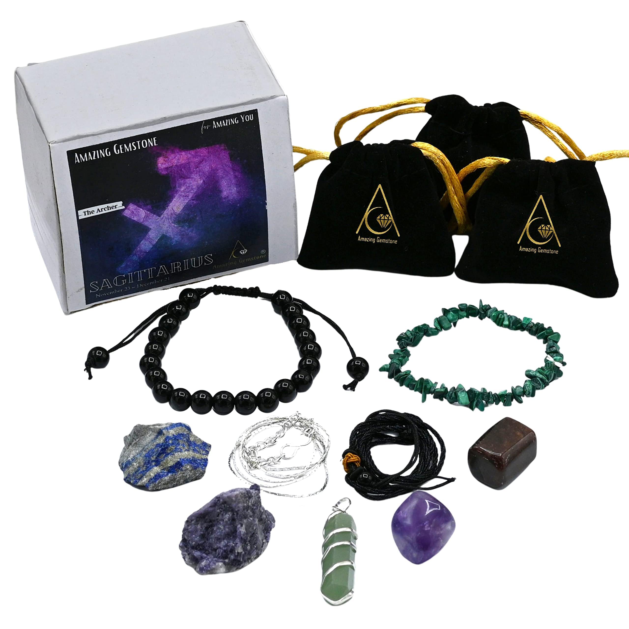 Amazing Gemstone Sagittarius Gifts Crystal Kit for Women Men, Combo Set of Healing Stones, Bracelets and Necklaces Pulseras Para Hombres Mujer Stocking Stuffers (Information Card Included)