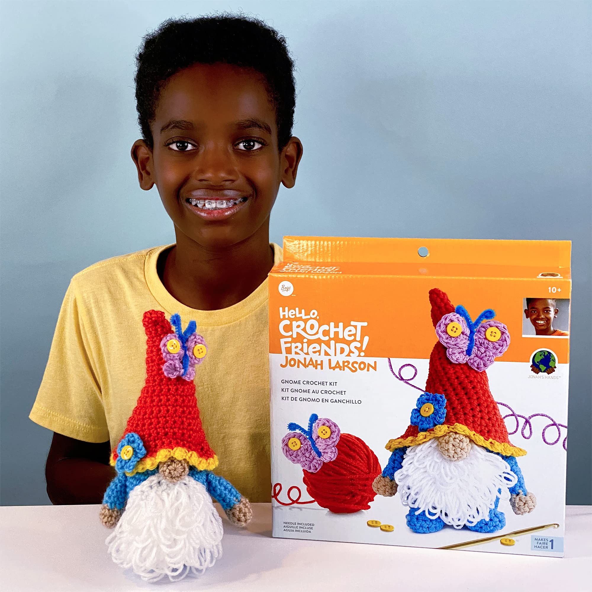 Boye Jonah's Hands Gnome Beginners Crochet Kit for Kids and Adults, Multicolor 12 Piece, Small