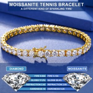 Moissanite Tennis Bracelet 12 Carats 6.5 Inch Diamond Tennis Bracelets for Women Men, 18k Yellow Gold Plated 925 Sterling Silver Diamond Bracelet, 4MM D Color VVS1 Round Brilliant Cut Lab Created Moissanite Bracelet with GRA Certificate Mother's Day Gift