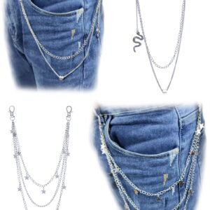 Ofeiyaa 6 Pieces Pants Chains Multi-Layer Butterfly Lock Round Star Snak Heart Jeans Chains Accessory Hip Hop Pocket Punk Goth Wallet Chain Charm Rock Belt Loop Trousers Chain for Women Men Silver