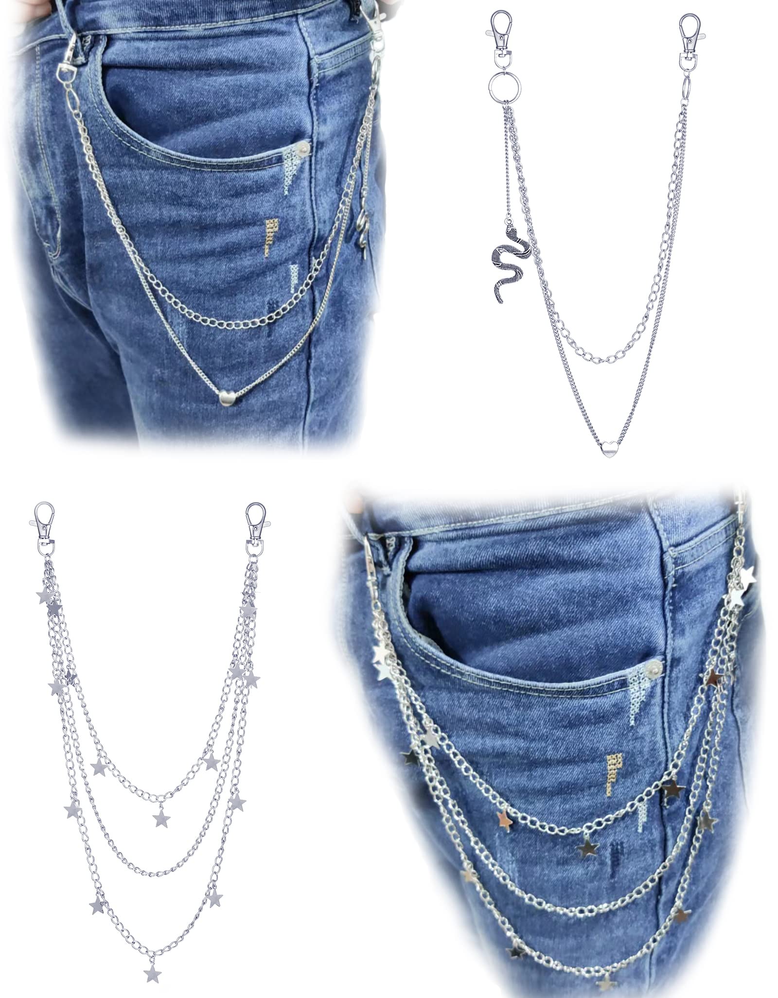 Ofeiyaa 6 Pieces Pants Chains Multi-Layer Butterfly Lock Round Star Snak Heart Jeans Chains Accessory Hip Hop Pocket Punk Goth Wallet Chain Charm Rock Belt Loop Trousers Chain for Women Men Silver