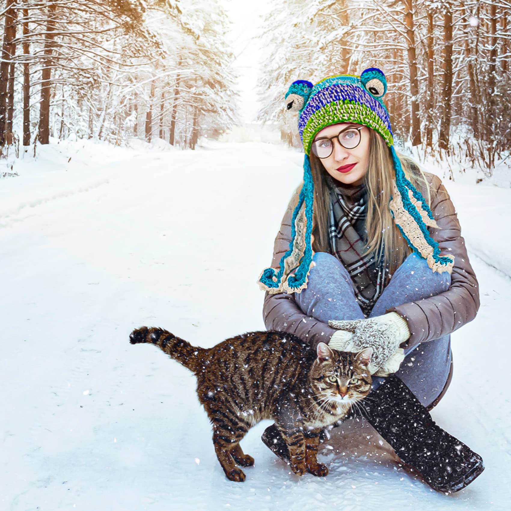 Aizami Knitted Winter Hat Knit Beanie Octopus Hat Unique Soft and Warm Hand Weave Hat for Women and Men Christmas Hat Blue-White, 7 1/8