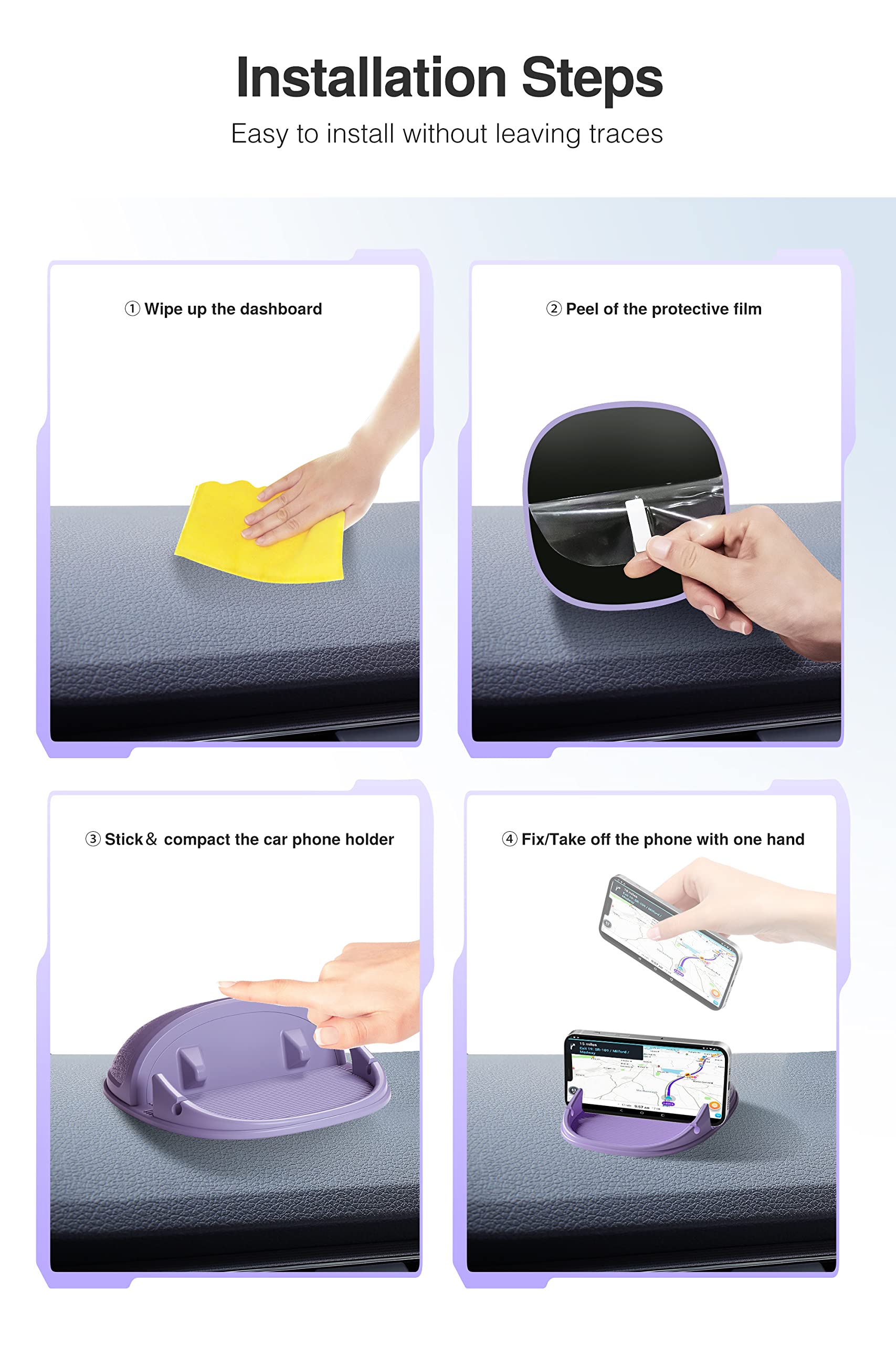 Loncaster Car Phone Holder, Car Phone Mount Silicone Car Pad Mat for Various Dashboards, Slip Free Desk Phone Stand Compatible with iPhone, Samsung, Android Smartphones, GPS Devices More (Purple)