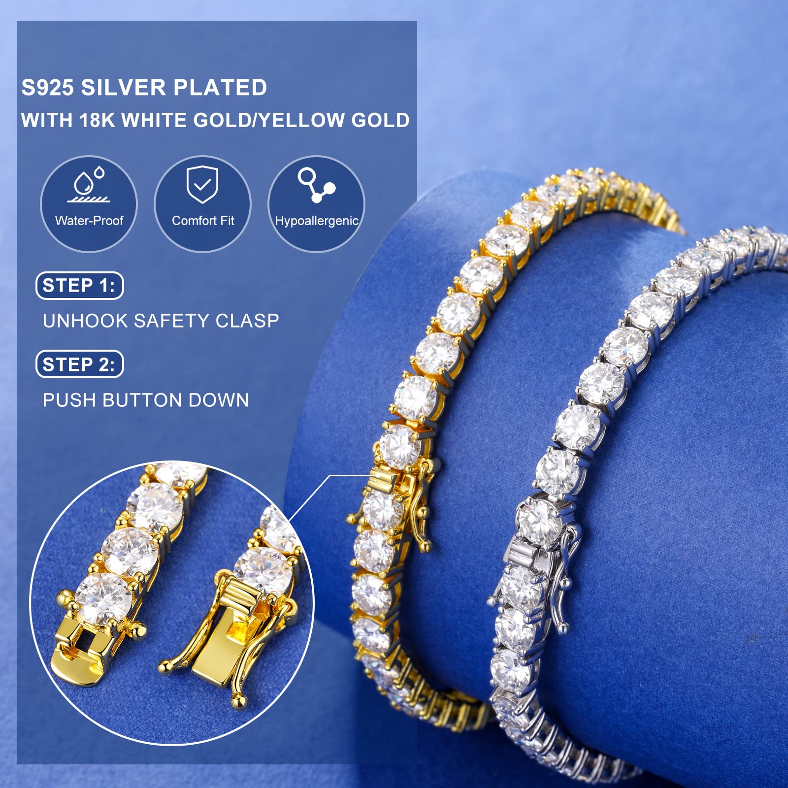 Moissanite Tennis Bracelet 12 Carats 6.5 Inch Diamond Tennis Bracelets for Women Men, 18k Yellow Gold Plated 925 Sterling Silver Diamond Bracelet, 4MM D Color VVS1 Round Brilliant Cut Lab Created Moissanite Bracelet with GRA Certificate Mother's Day Gift