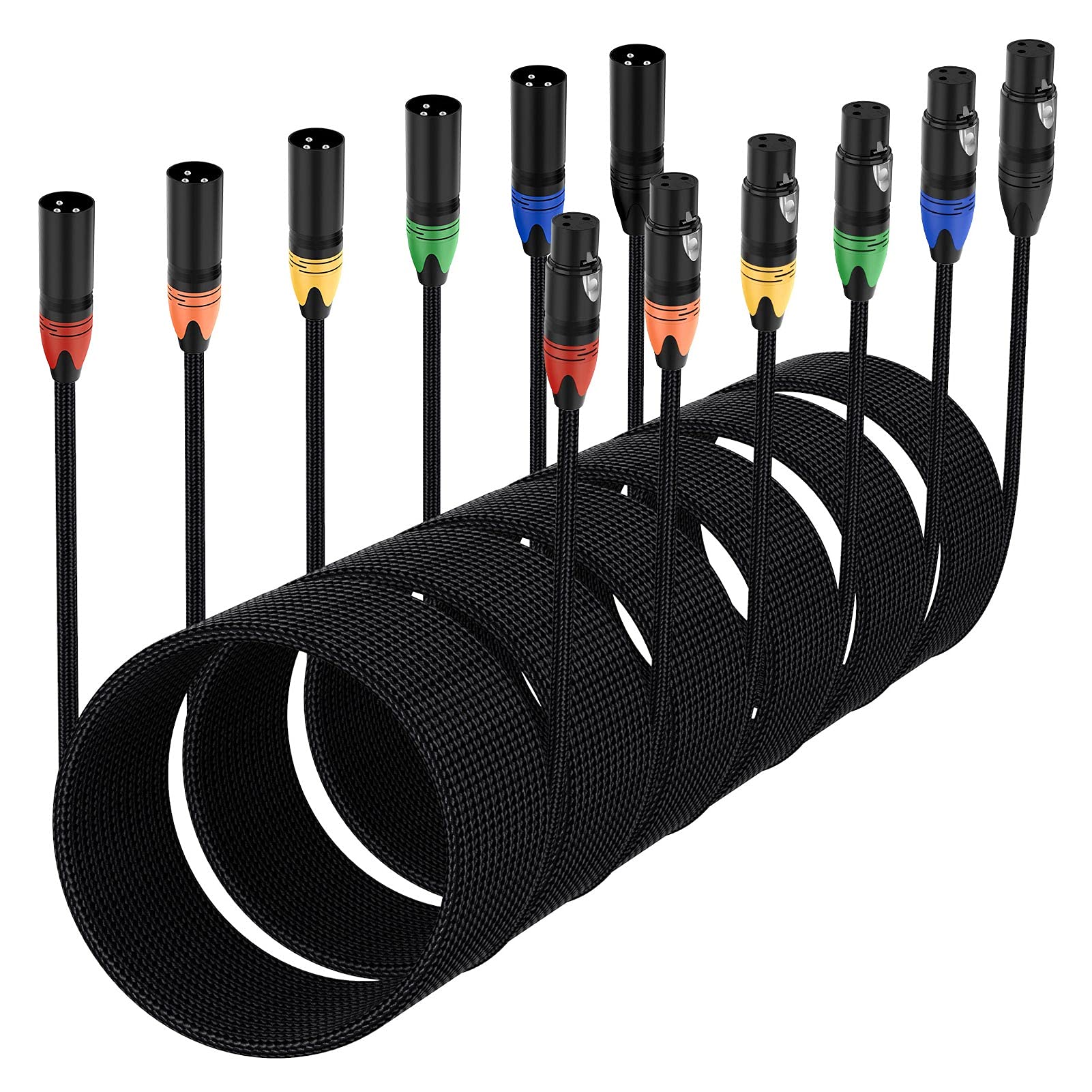 Anewbig XLR DMX Cables 6ft 6 Pack, DMX Stage Lights 6 Ft Feet Cable, Black Braided, 6 Foot, 6pack