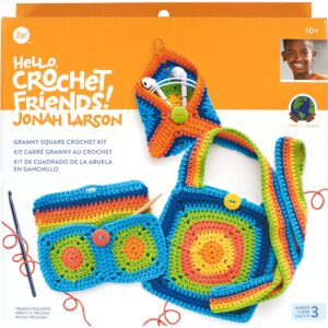 boye jonah's hands granny square accessories beginners crochet kit for kids and adults, makes 3 projects, multicolor 8 piece