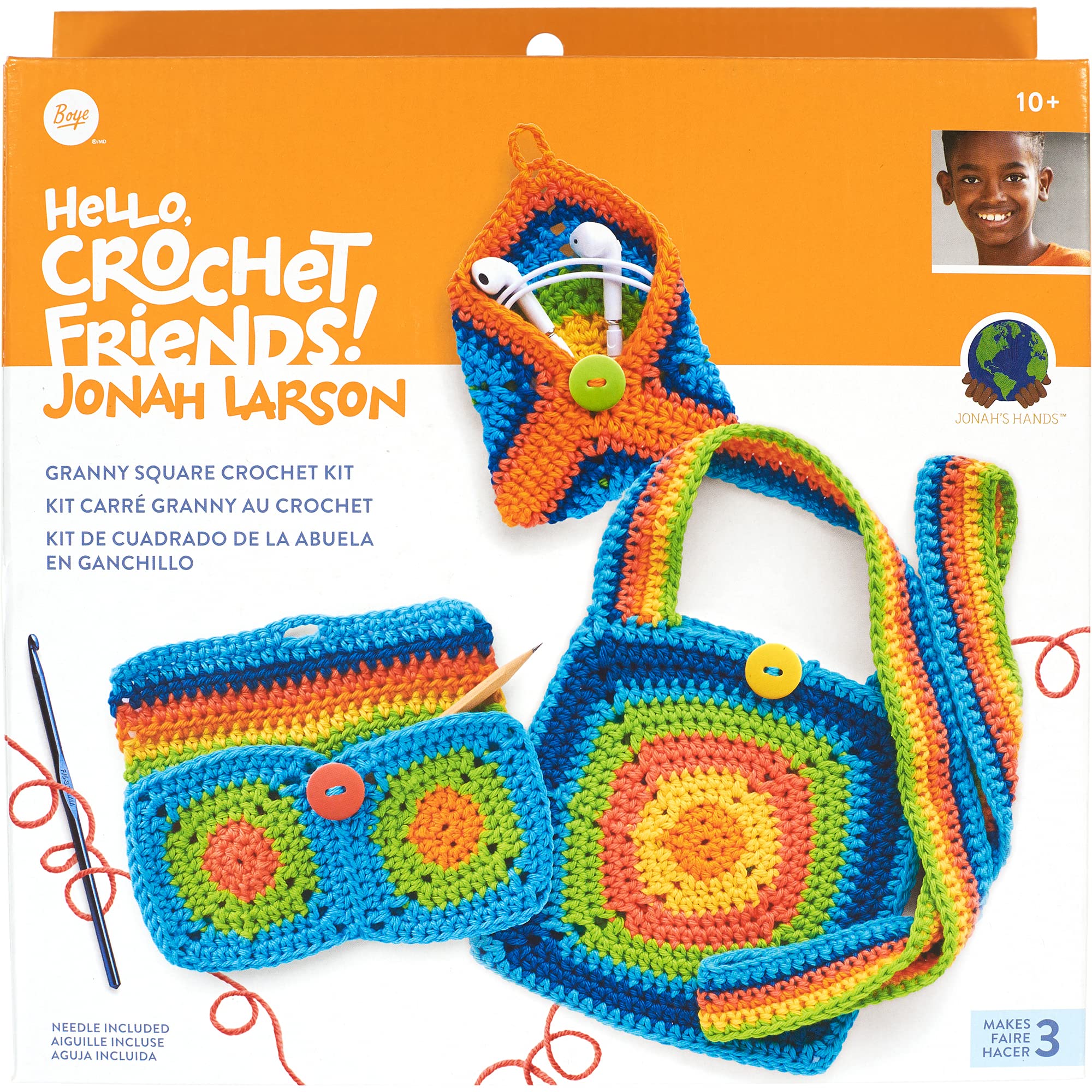 Boye Jonah's Hands Granny Square Accessories Beginners Crochet Kit for Kids and Adults, Makes 3 Projects, Multicolor 8 Piece