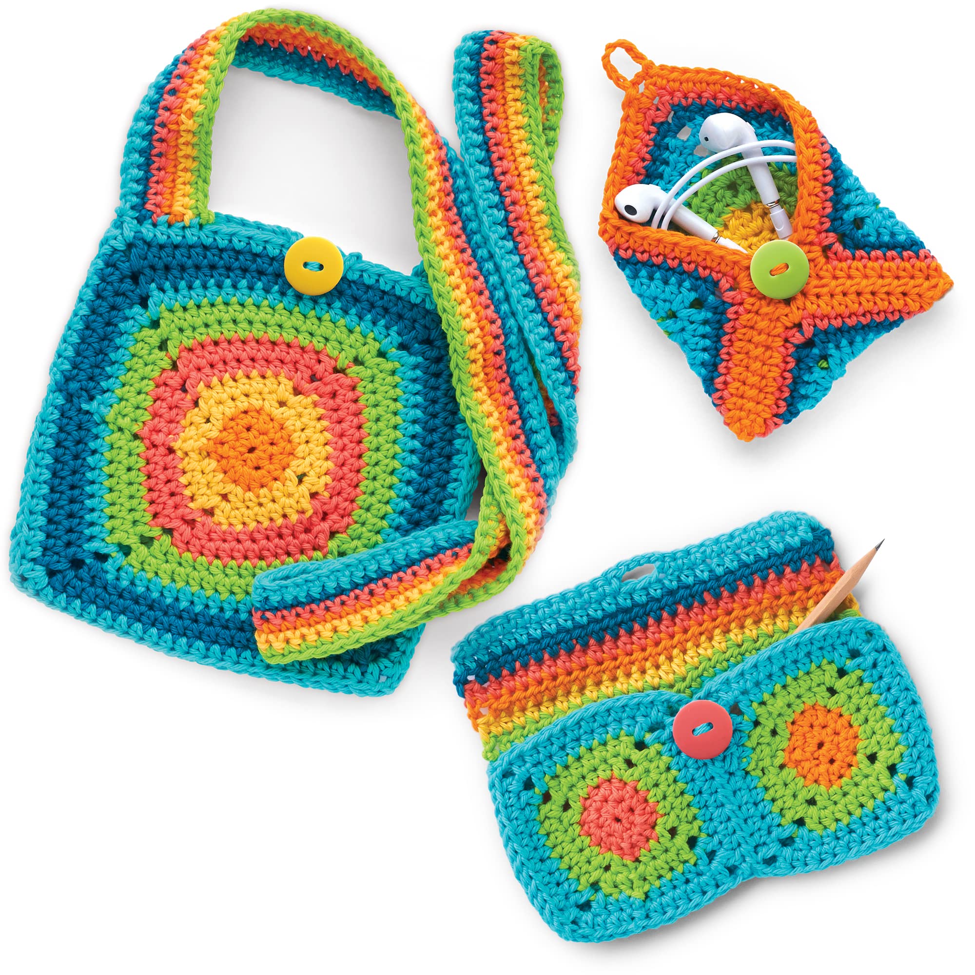 Boye Jonah's Hands Granny Square Accessories Beginners Crochet Kit for Kids and Adults, Makes 3 Projects, Multicolor 8 Piece