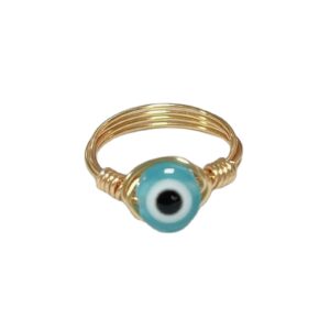 COLORFUL BLING Evil Eye Bead Knuckle Stackable Finger Ring Gold Wire Wrap Ring Healing for Women Stacking Band Ring Jewelry Twining Winding Turkish Amulet Lucky Multi Size-6 Lake