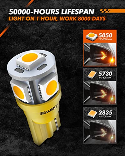 SEALIGHT 194 LED Bulb, 168 T10 LED Bulb Amber 2700k Yellow 2825 for Turn Signal Side Marker Dome Lights, 12V Cab Running Parking Tail Lights, (Pack of 10)