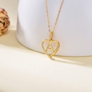 14K Solid Gold Heart Initial Necklaces for Women, Real Gold Heart Pendant Letter C Alphabet Necklace Jewelry Gift for Her, 18" Gold Adjustable Chain (C)