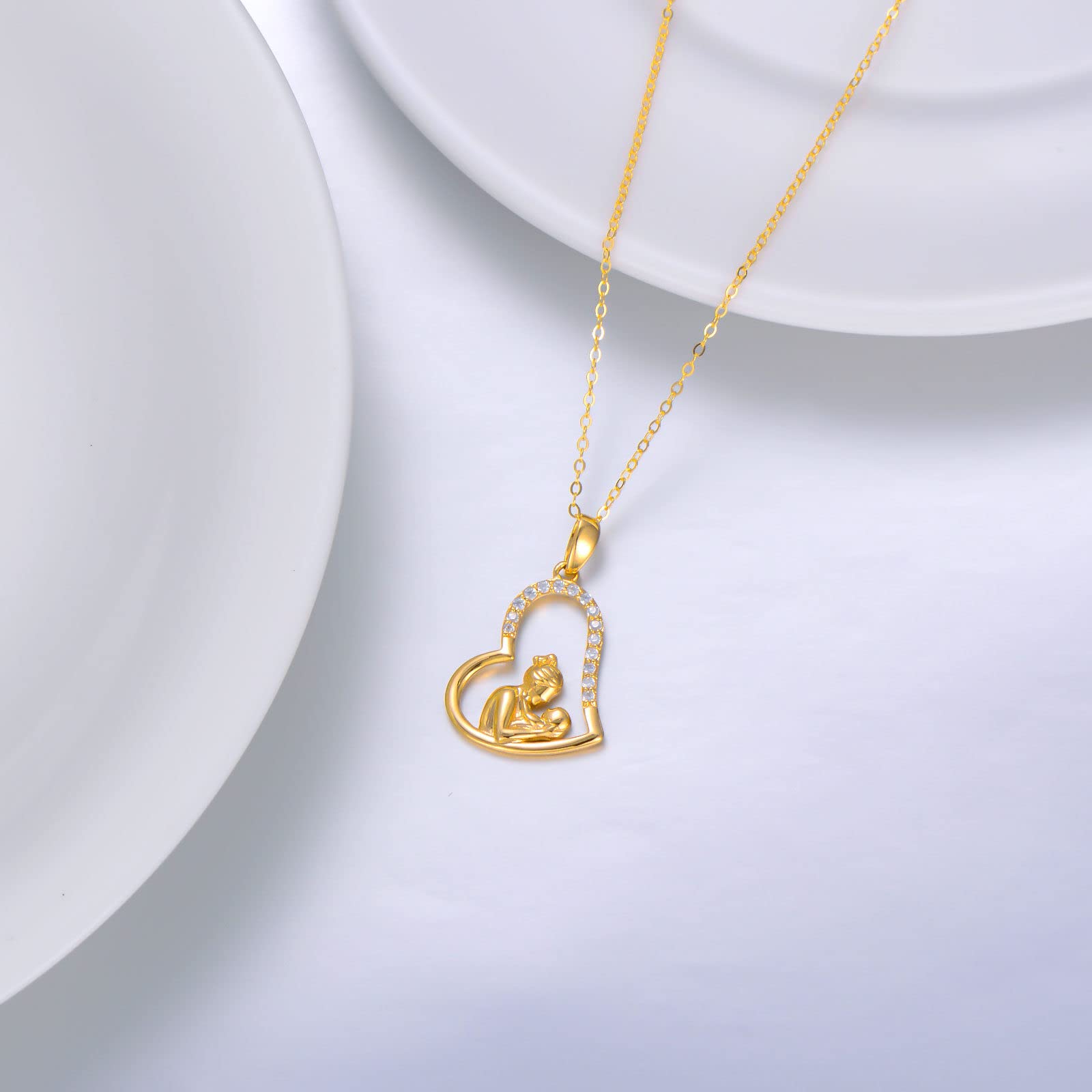 Ayafee 14K Solid Gold Mother Daughter Necklace, Heart Pendant Necklace Mothers Day Gifts for Grandmother Mom Wife