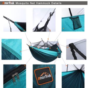 AnorTrek Camping Hammock with Mosquito Net, Double & Single Lightweight Portable Hammocks with Tree Straps, Parachute Hammock for Camping, Backpacking