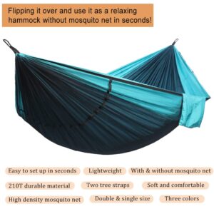 AnorTrek Camping Hammock with Mosquito Net, Double & Single Lightweight Portable Hammocks with Tree Straps, Parachute Hammock for Camping, Backpacking