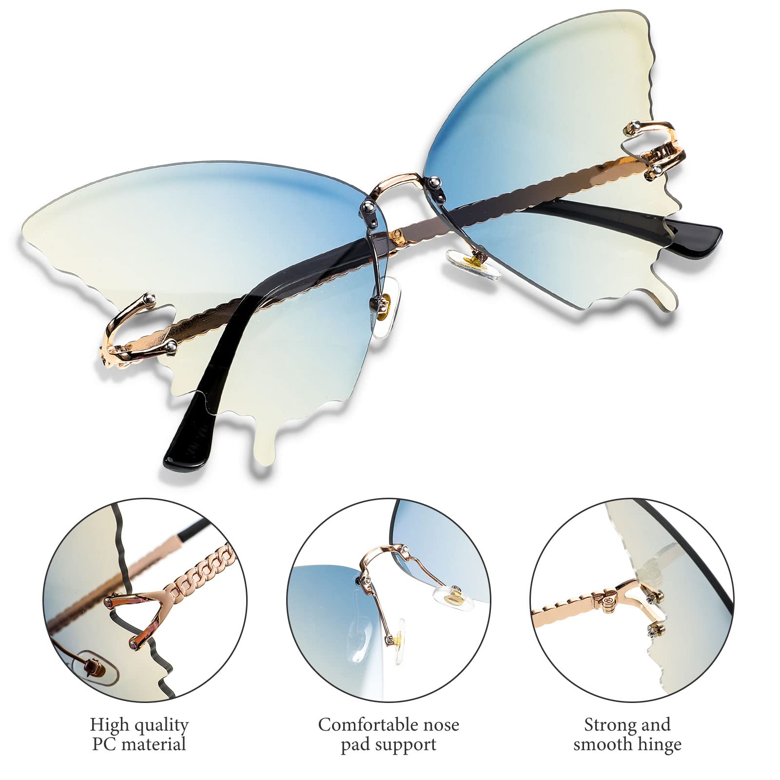 6 Pairs Butterfly Rimless Sunglasses Vintage Gradient Frame Eye Glasses Fashionable Oversized Cat Eye Butterfly Shape Eyewear for Men and Women, 6 Colors