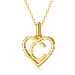 14K Solid Gold Heart Initial Necklaces for Women, Real Gold Heart Pendant Letter C Alphabet Necklace Jewelry Gift for Her, 18" Gold Adjustable Chain (C)