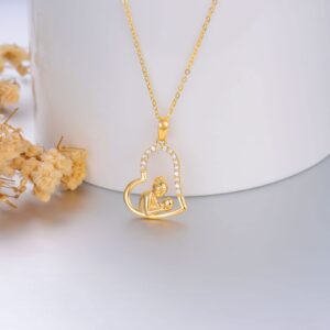 Ayafee 14K Solid Gold Mother Daughter Necklace, Heart Pendant Necklace Mothers Day Gifts for Grandmother Mom Wife