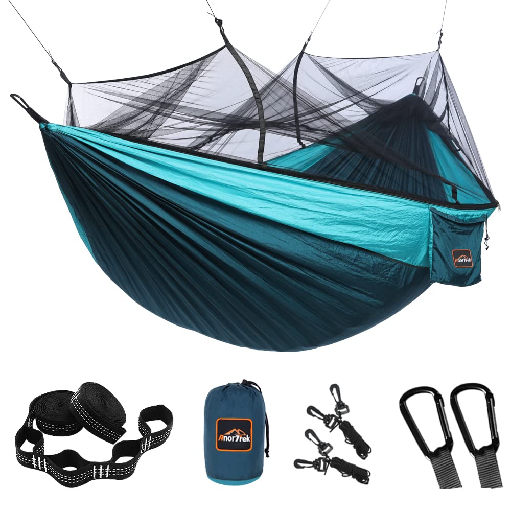 AnorTrek Camping Hammock with Mosquito Net, Double & Single Lightweight Portable Hammocks with Tree Straps, Parachute Hammock for Camping, Backpacking