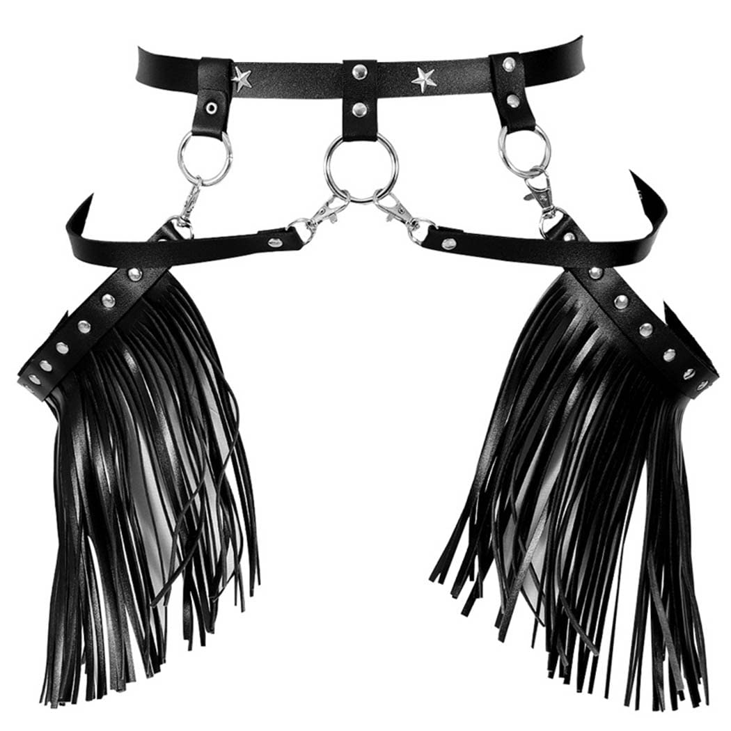 Yovic Punk Leather Body Chain Sexy Tassel Waist Chain Body Harness Belly Chains Rave Nightclub Party Body Accessories for Women and Girls (Black-4)