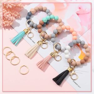 4 Pieces Silicone Key Ring Bracelet Beaded Wrislet Keychain Circle Keychains for Women Round Keychain Bracelet Portable Car Key Holder Stretchy Bangle Keychain with Leather Tassel for Unisex Adults