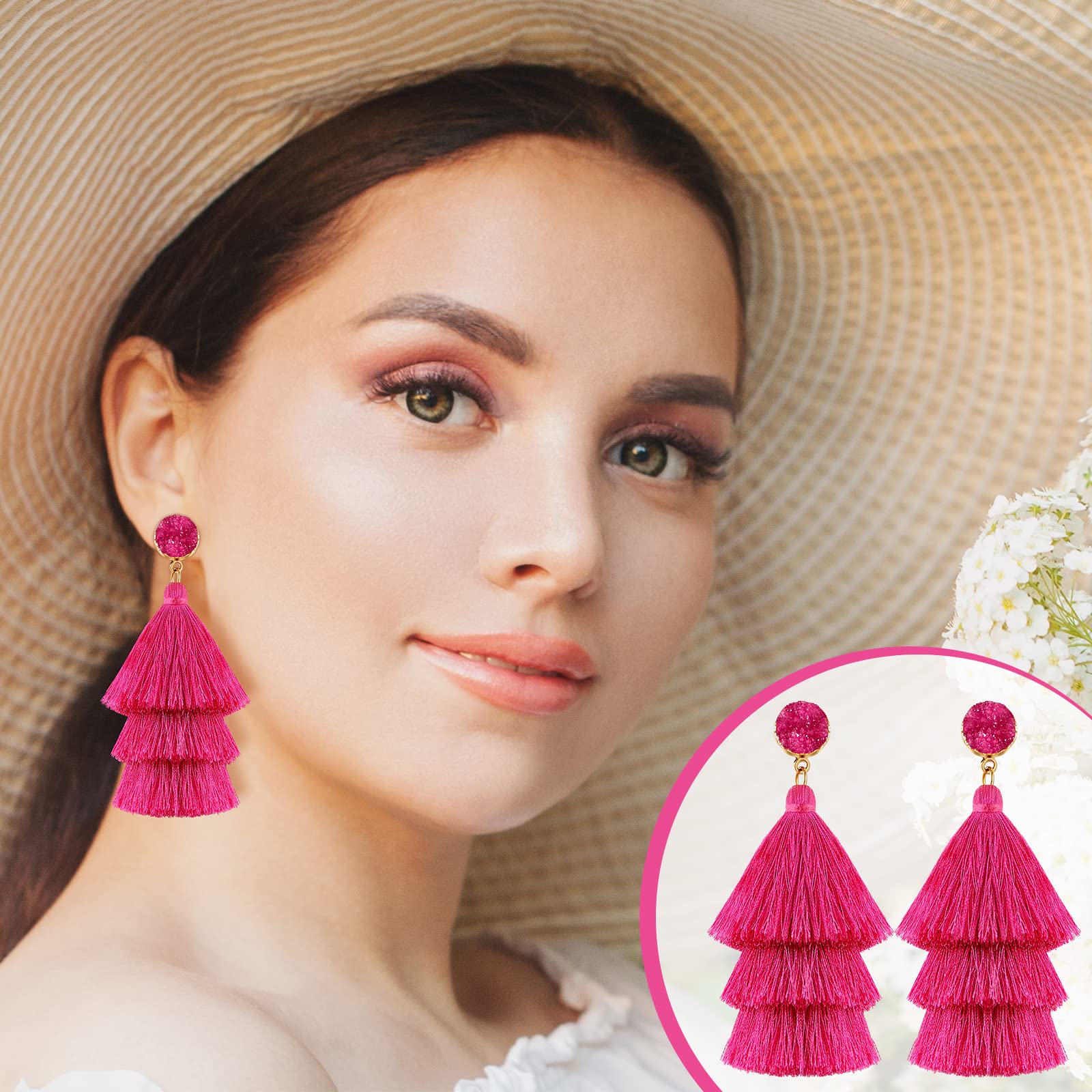 Bonuci 4 Pairs Tassel Earrings Red Earrings for Women Tassel Earring for Women Bohemian Druzy Stud Dangle Birthday Christmas Wedding Daily (White, Red, Rose Red, Black)