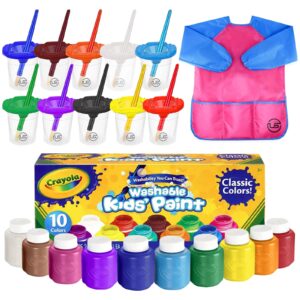 washable kids paint 10 colors, 10 no spill paint cups for kids with lids, 10 paint brush set, waterproof kids smock – christmas gifts for kids, washable paint set for kids, finger painting supplies