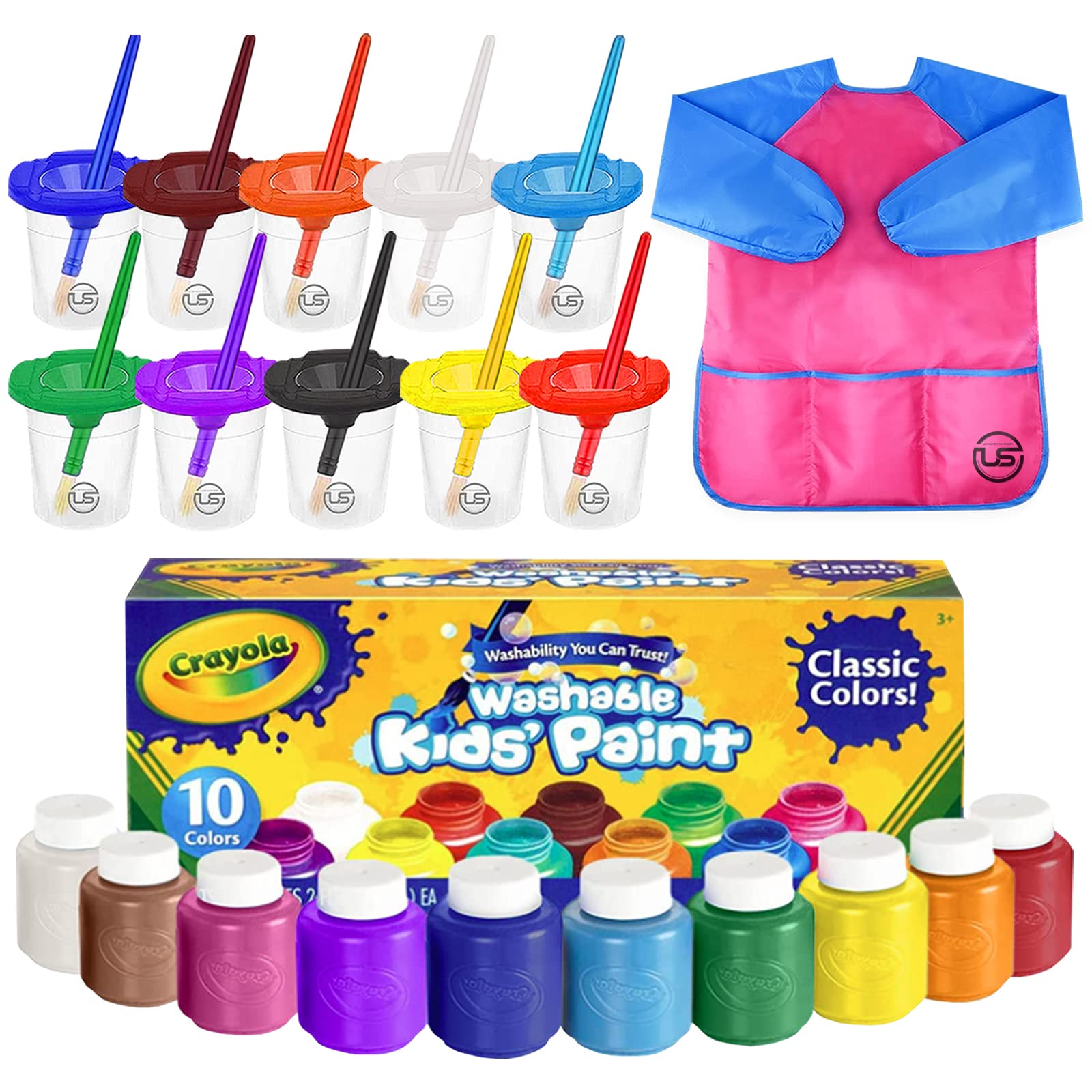 Washable Kids Paint 10 Colors, 10 No Spill Paint Cups For Kids With Lids, 10 Paint Brush Set, Waterproof Kids Smock – Christmas Gifts for Kids, Washable Paint Set For Kids, Finger Painting Supplies