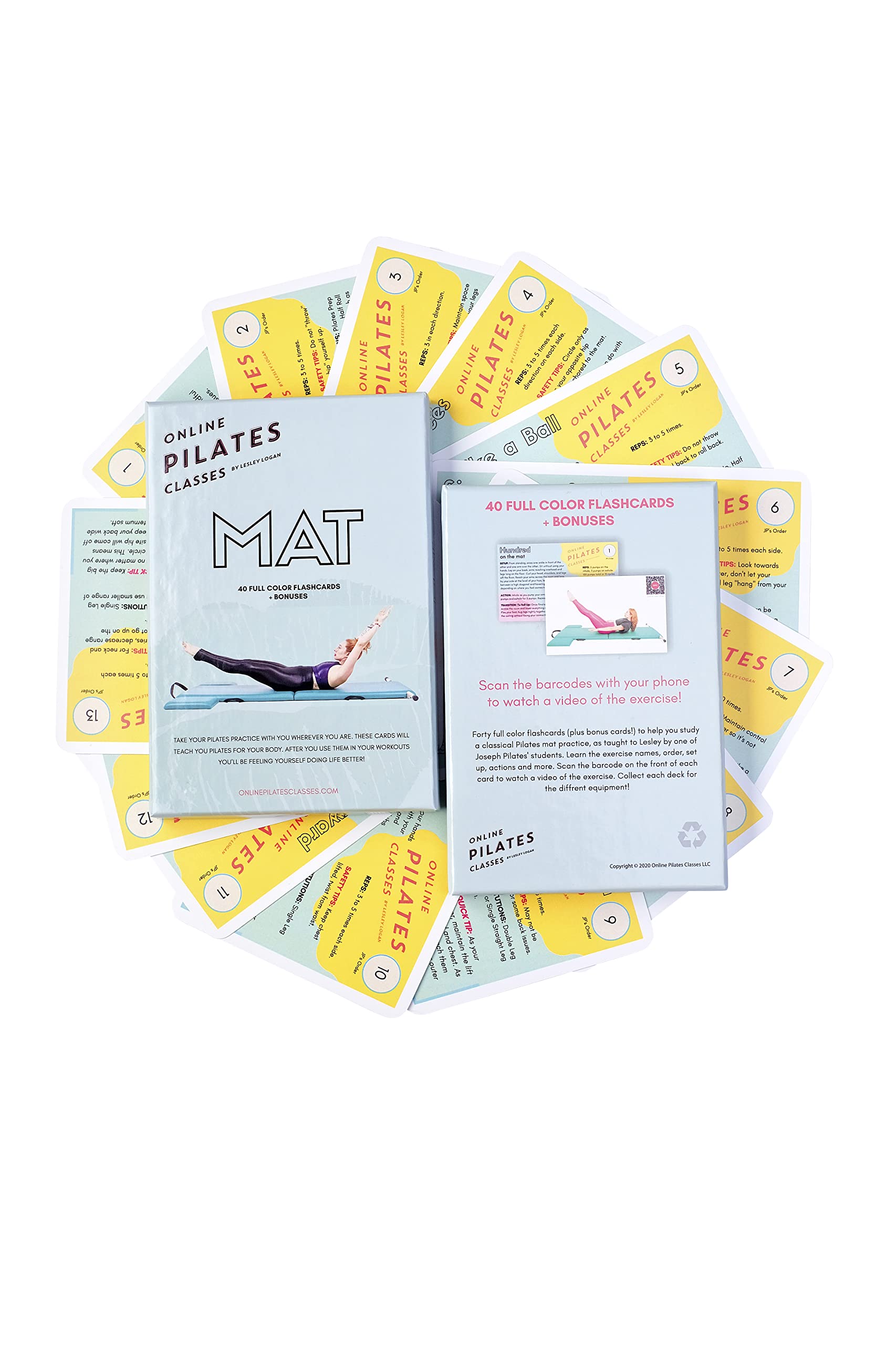 OnlinePilatesClasses Mat Pilates Workout Cards with Video Tutorials, 42 All-Level Exercise Flash Cards Ideal for Yoga, Abs, Core Workouts and Fitness Enthusiasts, No Equipment Needed