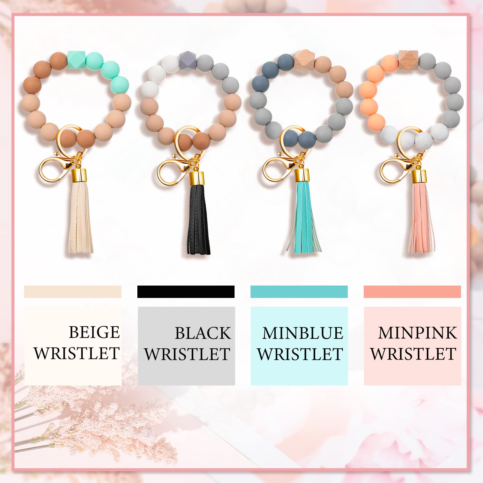 4 Pieces Silicone Key Ring Bracelet Beaded Wrislet Keychain Circle Keychains for Women Round Keychain Bracelet Portable Car Key Holder Stretchy Bangle Keychain with Leather Tassel for Unisex Adults