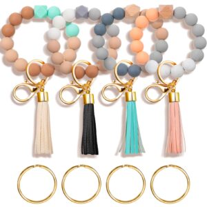 4 Pieces Silicone Key Ring Bracelet Beaded Wrislet Keychain Circle Keychains for Women Round Keychain Bracelet Portable Car Key Holder Stretchy Bangle Keychain with Leather Tassel for Unisex Adults