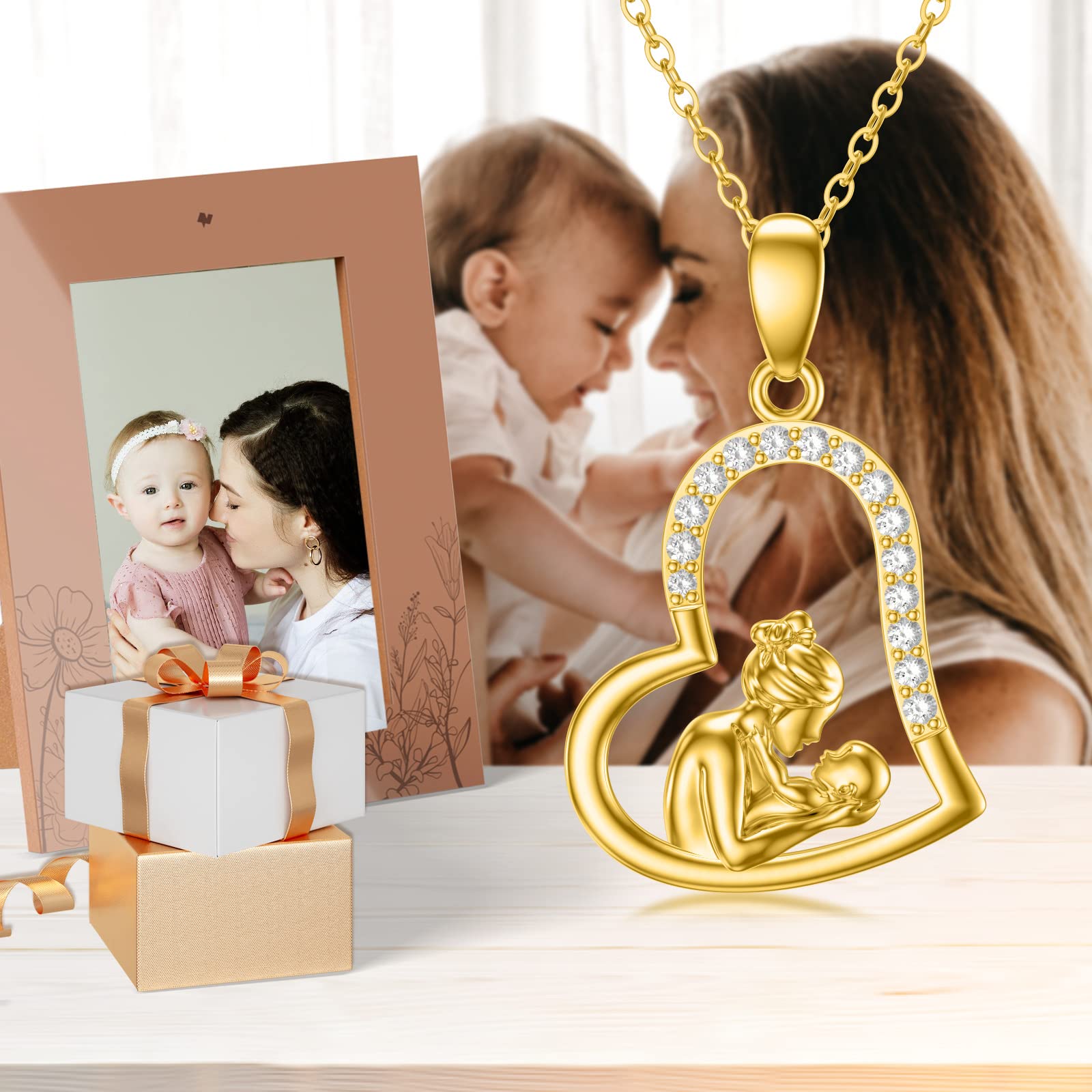 Ayafee 14K Solid Gold Mother Daughter Necklace, Heart Pendant Necklace Mothers Day Gifts for Grandmother Mom Wife