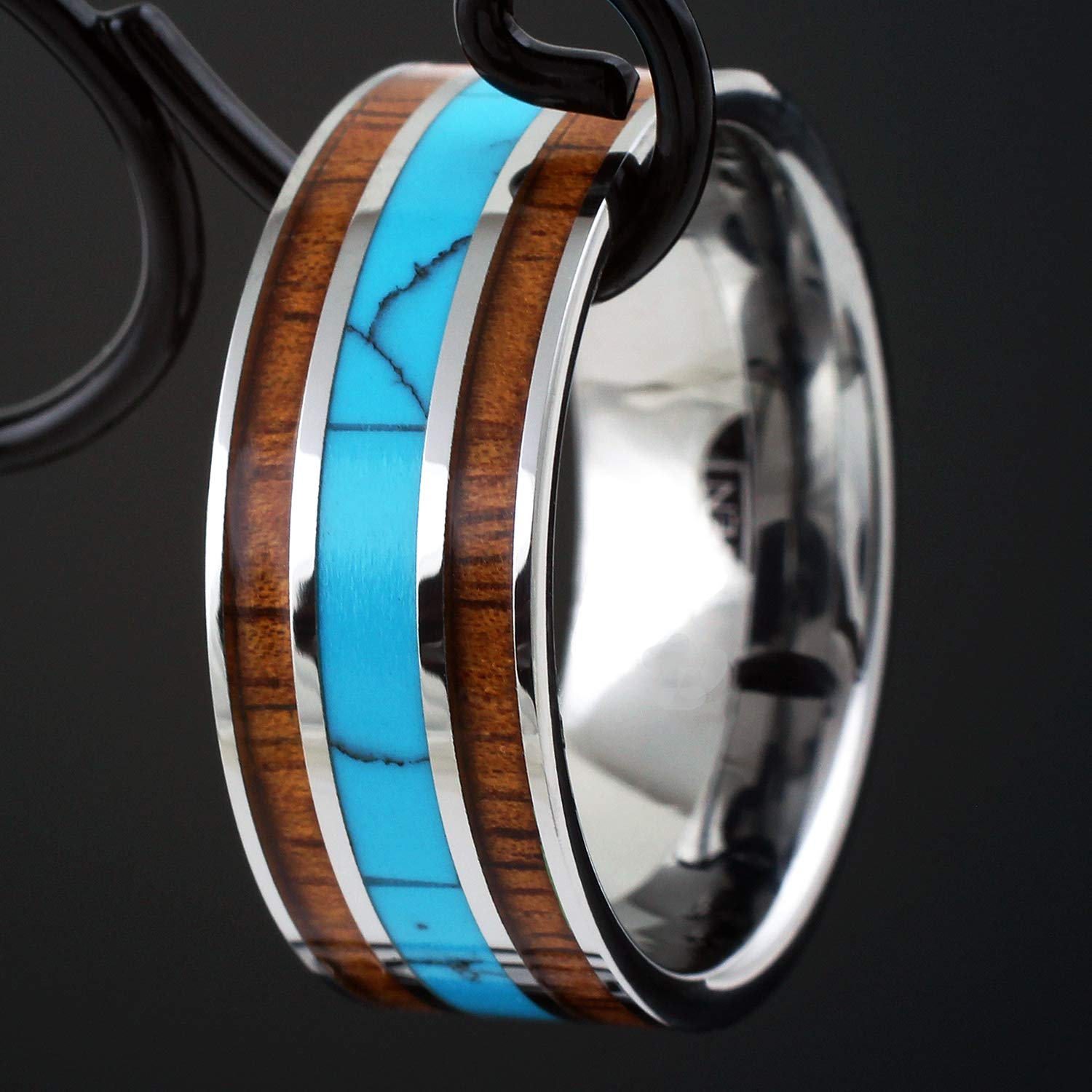 King's Cross Magnificent X-Wide 10mm Mirror Polished Silver Tungsten Carbide Band Ring w/Blue Turquoise Inlay Between 2 Koa Wood Inlays. (Tungsten (10mm), 9)