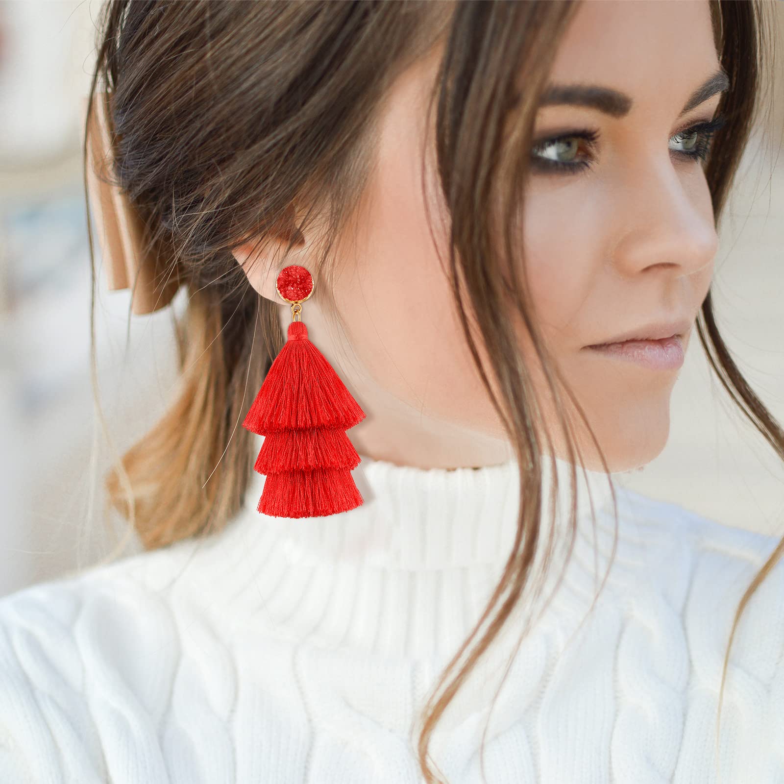 Bonuci 4 Pairs Tassel Earrings Red Earrings for Women Tassel Earring for Women Bohemian Druzy Stud Dangle Birthday Christmas Wedding Daily (White, Red, Rose Red, Black)