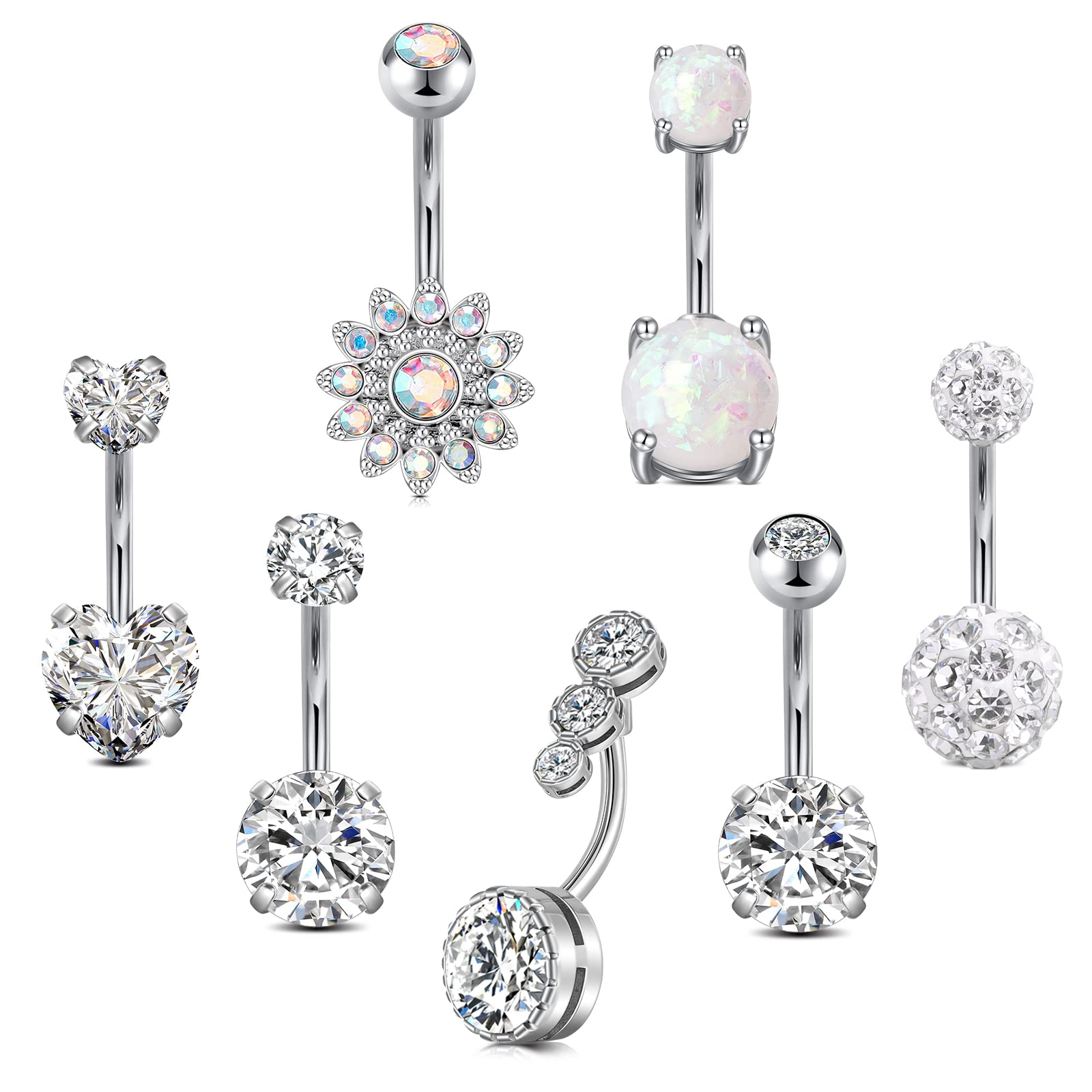 VCMART 14G Belly Button Ring Heart Clear Round Sunflower Diamond Opal Belly Button Rings Surgical Steel Diamond Belly Rings for Women Navel Rings Navel Piercing Jewelry Belly Button Piercing Jewelry