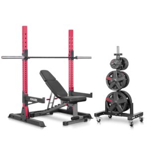 xmark power package, multi-function adjustable squat rack, olympic weight tree with olympic bar storage, fid adjustable weight bench, crowbar olympic barbell, and texas star 365 lb olympic weight set