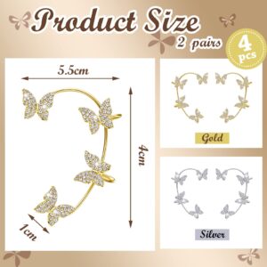 Bonuci 4 Pcs Butterfly Ear Cuff Earrings Glitter Rhinestone Butterfly Ear Cuff for Women Wrap Crawler Earrings No Piercing Butterfly Ear Clip Wrap Around Fake Earrings (Gold, Silver,Regular Style)