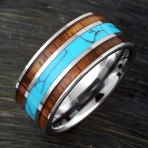 King's Cross Magnificent X-Wide 10mm Mirror Polished Silver Tungsten Carbide Band Ring w/Blue Turquoise Inlay Between 2 Koa Wood Inlays. (Tungsten (10mm), 9)