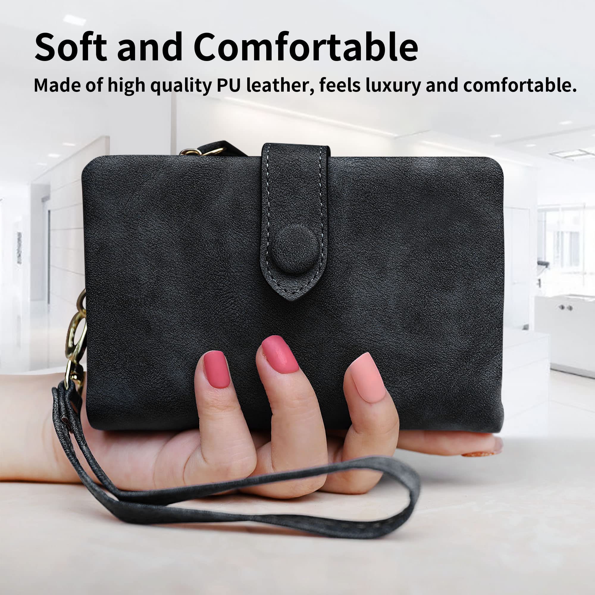 CONISY Small Wallets for Women, Soft Leather Multi Card Holder RFID Blocking Womens Wallet with Wristlet Zipper Coin Pocket (Black)