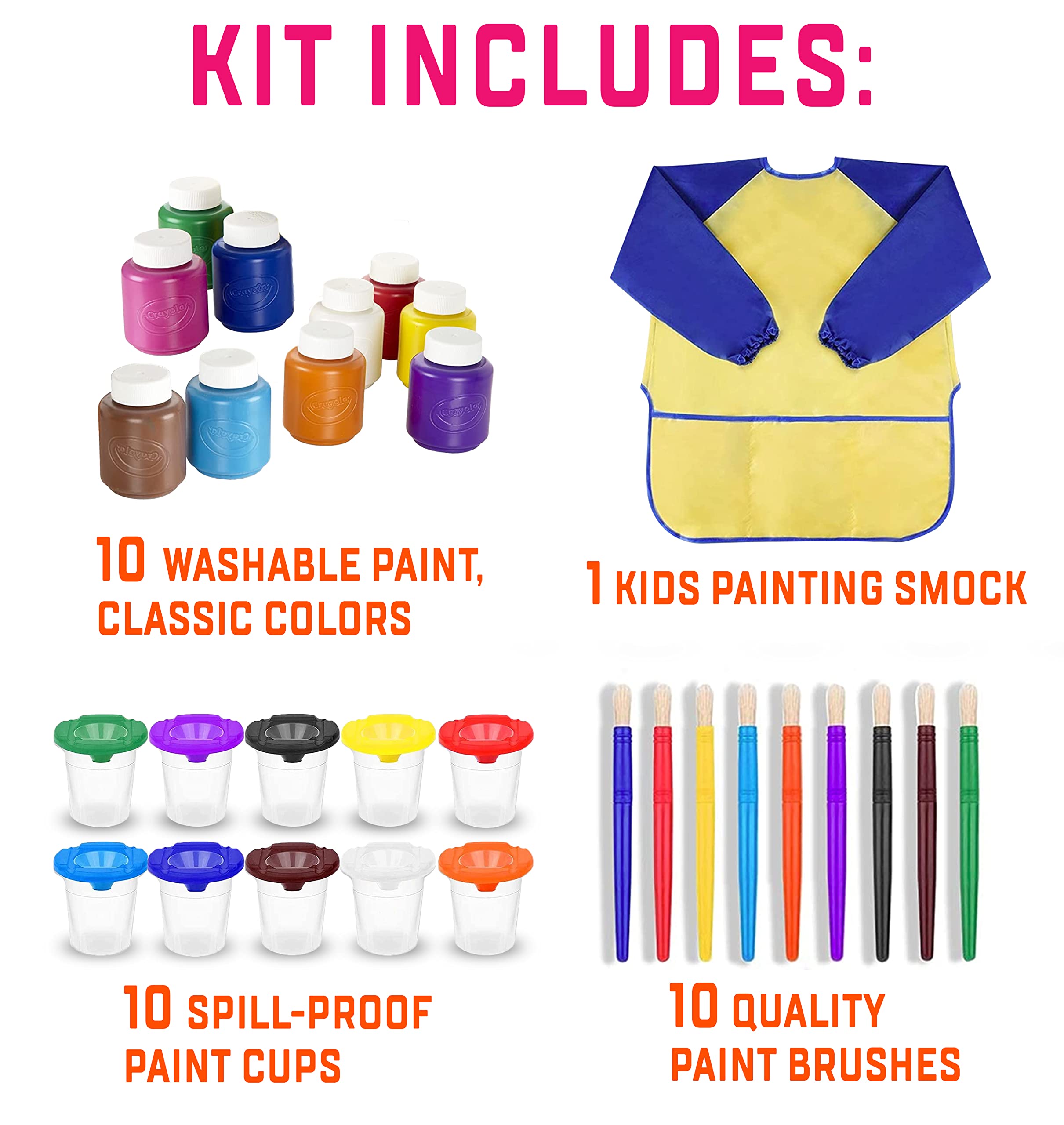 Washable Kids Paint 10 Colors, 10 No Spill Paint Cups For Kids With Lids, 10 Paint Brush Set, Waterproof Kids Smock – Christmas Gifts for Kids, Washable Paint Set For Kids, Finger Painting Supplies