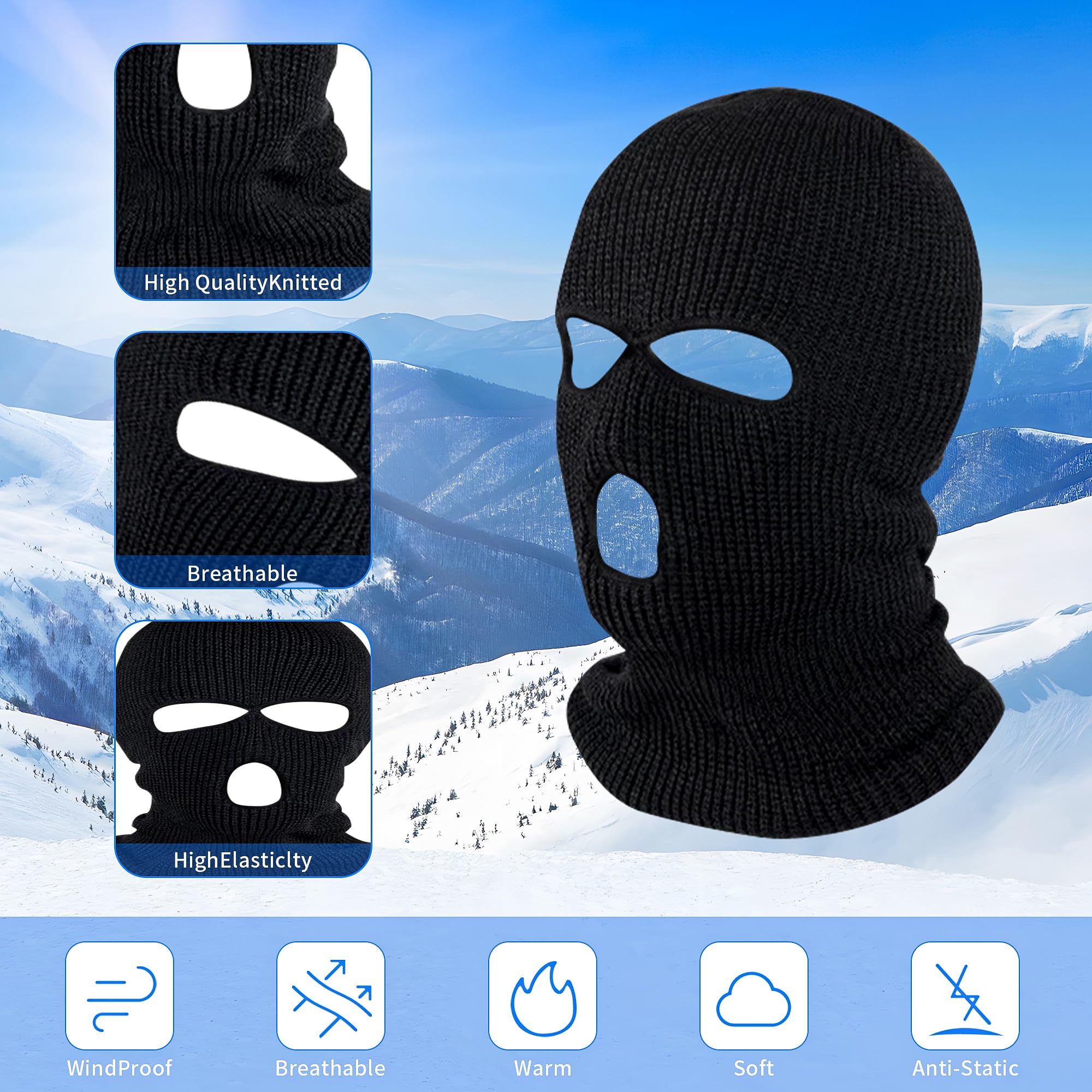 FANELIK 3-Hole Knitted Full Face Cover Ski Mask, Winter Balaclava Warm Knit Full Face Mask for Outdoor Sports A-black