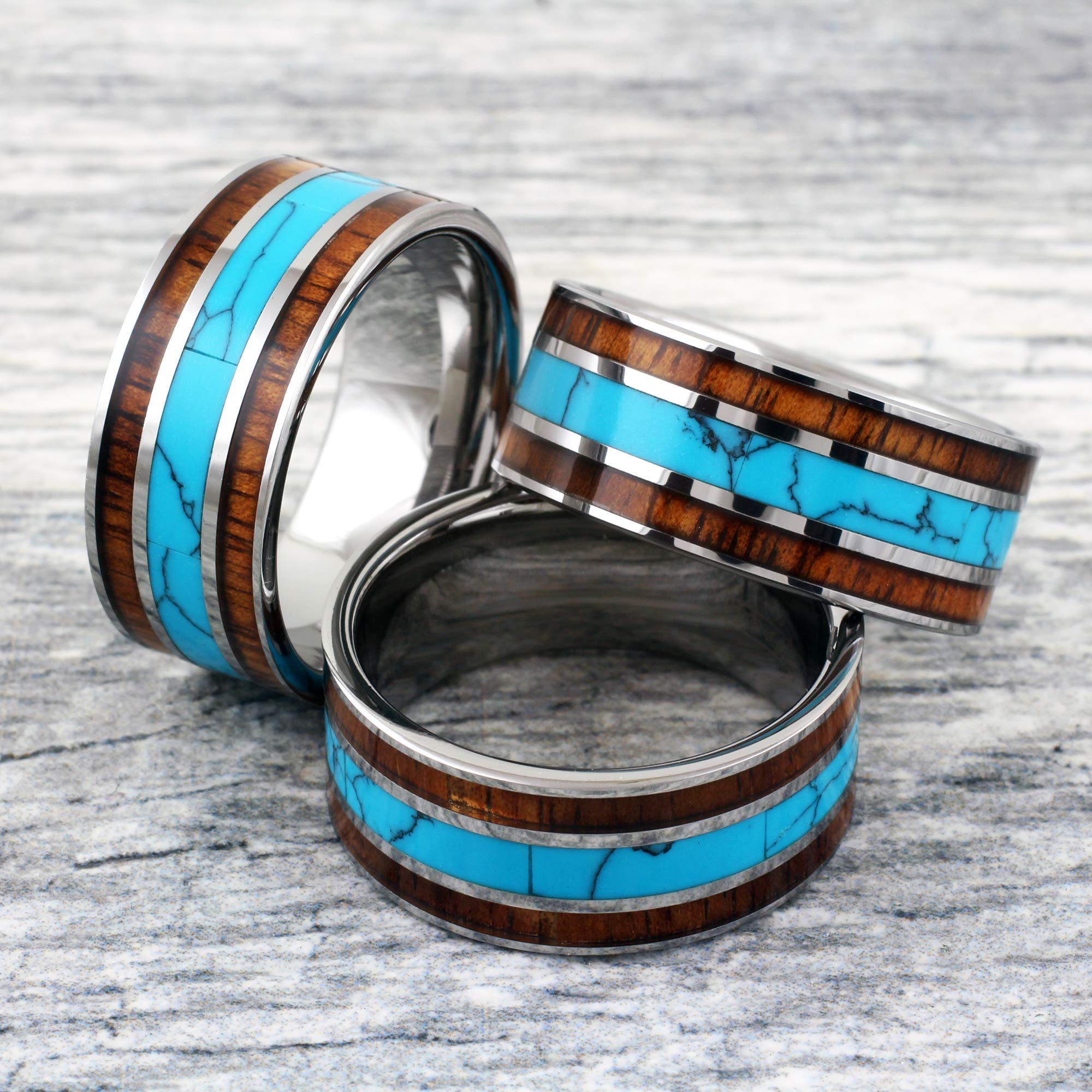 King's Cross Magnificent X-Wide 10mm Mirror Polished Silver Tungsten Carbide Band Ring w/Blue Turquoise Inlay Between 2 Koa Wood Inlays. (Tungsten (10mm), 9)