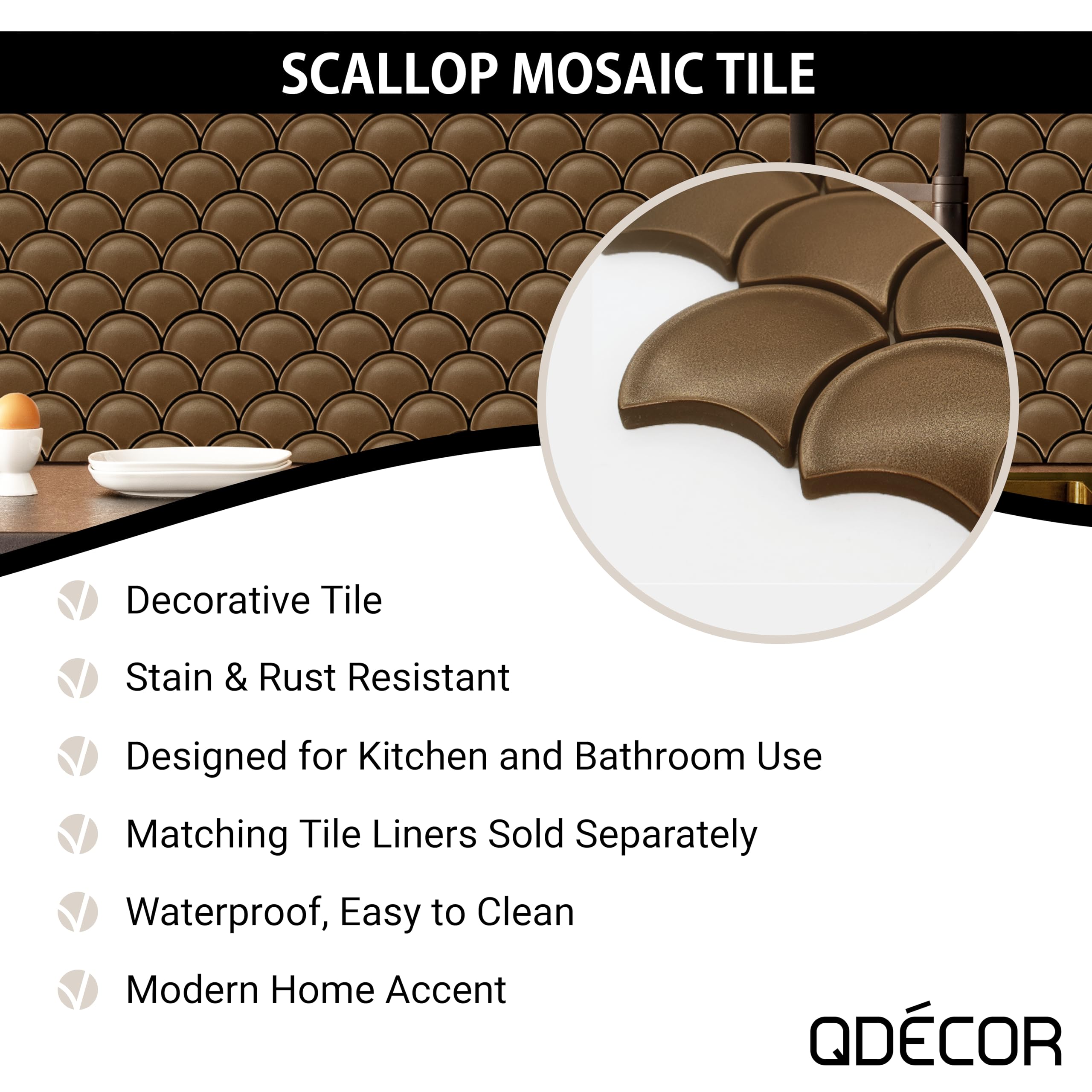 Questech Decor Scallop Decorative Mosaic Tile, Interior Wall Tile, Bathroom Shower Remodel Decorative Kitchen Backsplash, Modern Home Decor, Bronze Finish, Box of 6 Sheets