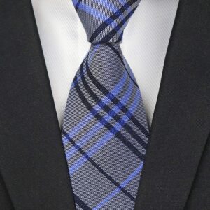 Men's Blue Grey Ties Trendy Tartan Plaid Narrow-width Wedding Necktie for Grooms Thin Blue Line Tie