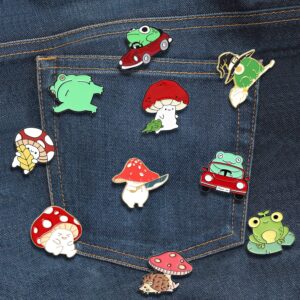 Cute Mushroom Frog Enamel Tiger Animal Pin Brooches Sets,Cartoon Lapel Badge Funny Button Cat Pins Jewelry for Backpack Cloths Hats Decorations (Frog mushroom)