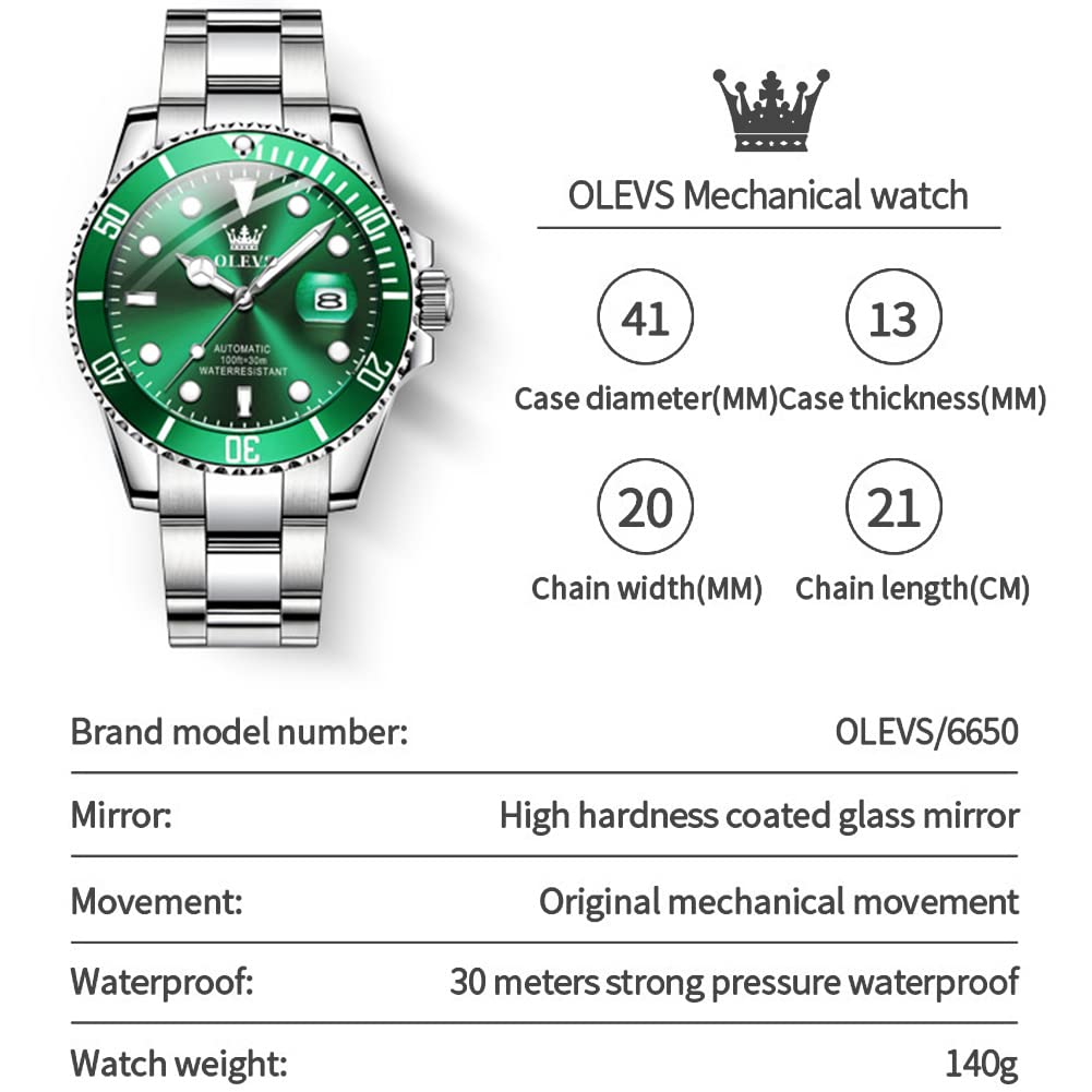 OLEVS Men Automatic Watches Green Watches for Men Self Winding No Battery Waterproof Mens Watches Pro Divers Two Tone Men's Wrist Watches, Reloj para Hombre