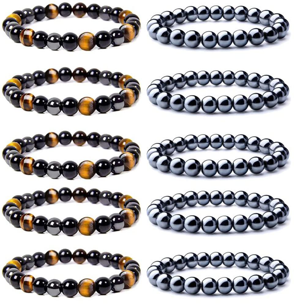 WAINIS 10PCS 8mm Black Hematite Magnetic Bead Therapy Bracelet For Men Women Stone Bracelet Stress Relieving Triple Protection Anxiety Relief Bracelet Jewelry